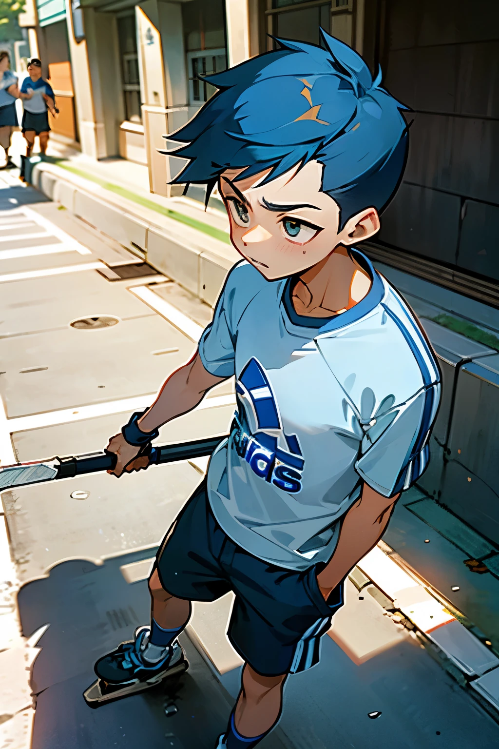 Boy
Mop of spiky blue hair、One boy in a relaxed fit jeans and graphic tee、One boy runs toward the soccer field、Turn around、Leaning against a wall、Nervous from、Bit of a blush、Clam up、Alleyway(Boy is playing street hockey: 1.8)、Baggy shorts
Handsome boy standing by the window, gazing out, lean and athletic build, messy brown hair, thoughtful expressions, Adidas sports gear, open window, (Neck slightly turned, side view: 1), Boy wearing Adidas tracksuit, starting to stretch, muscular arms, focused gaze, determined facial expression, athletic build
