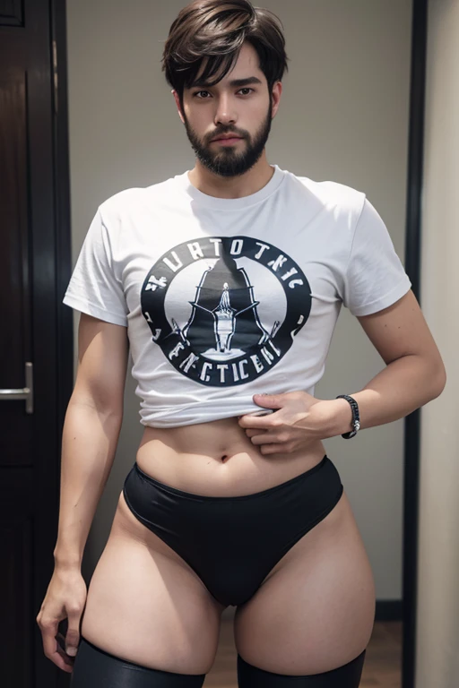 A young man, having long legs, thick thighs, large hips, thin and narrow weist, big large feminine breasts, wearing leggings and formal t-shirt , very small spikey boyish haircut, big male reproductive organs, penis bulge,  beard, man, man, very wide hips 