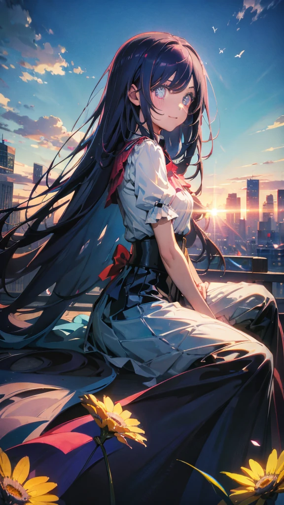 1 anime girl, alone,black hair,black shining jewel eyes,Black petals flutter, A mysteriously shining butterfly.blue sky,city,Vivid blue hair,bright blue jewel eyes,thin legs,cloudy sky,very clear,highest quality,Are standing,Straight Hair,morning,Mid-length skirt,City of Sunsets,Looking up at the sky,profile,Look to the side,smile,Sit down