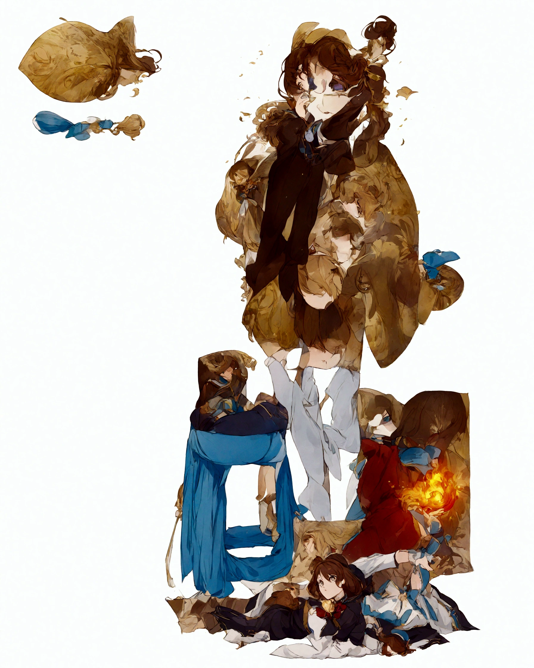 (hair swept bangs:1.3), (brown hair:1.3), a close up of a woman in a blue dress and white socks, loose coat collar sailor uniform, fantasy style clothing, sakimichan, japanese clothes, style anime, magical school student uniform, witchcore clothes, magic , lolita style, anime girl cosplay, jk uniform, victorian blue dress, decorative dark blue clothing, gloomy style, anime set style, (beautiful detailed face),(Beautiful and delicate eyes),