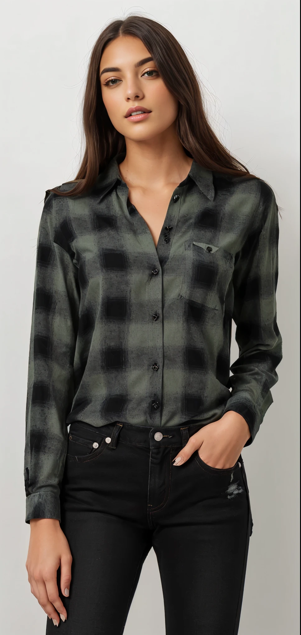 a woman wearing a verde e preto plaid camisa, plaid camisa, flanela, wearing plaid camisa, button up camisa, wearing a plaid camisa, button - up camisa, wearing a flanela camisa, collared camisa, splendid, green camisa, lumberjack flanela, gradiente verde preto, verde e preto, 4 0 9 6, camisa, Preto e verde, black camisa