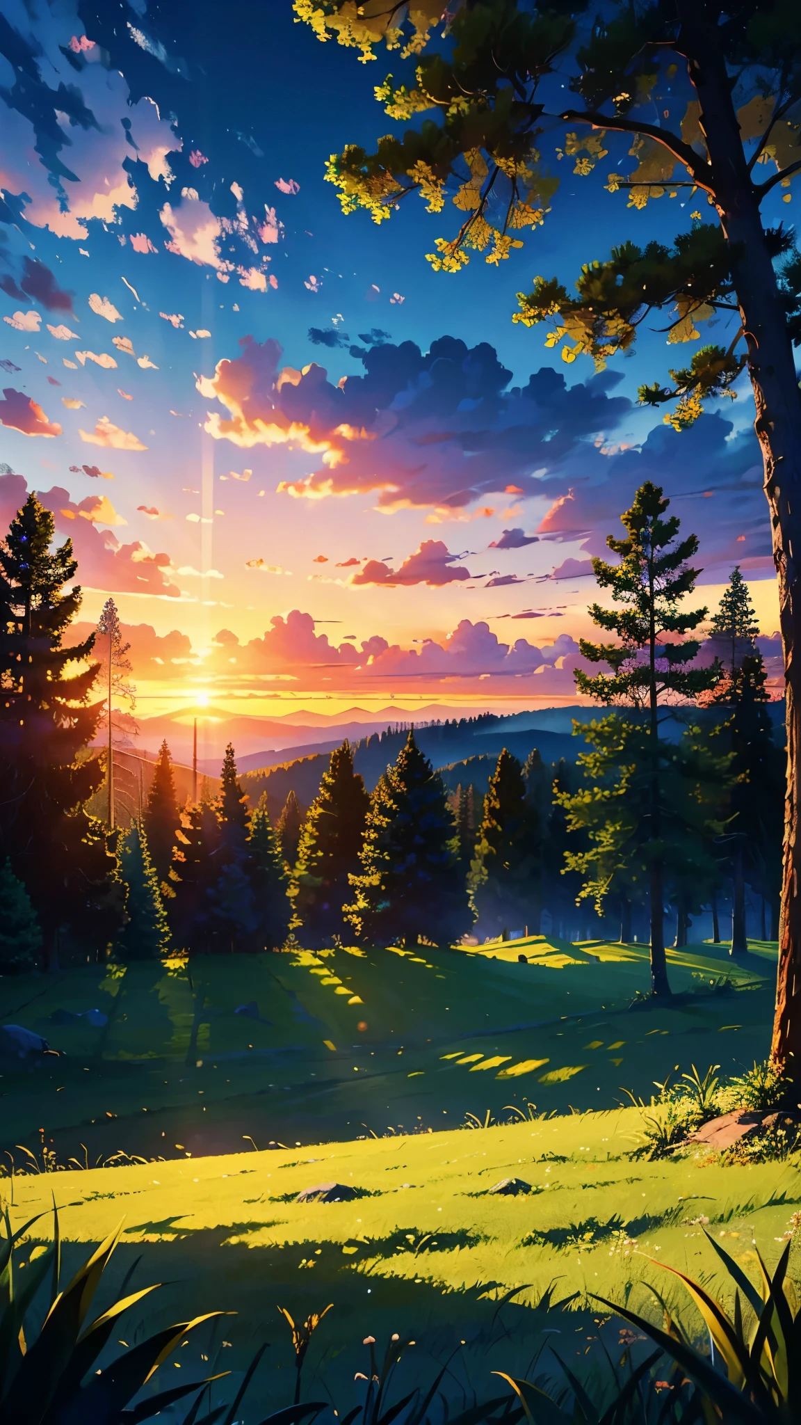 beautiful sunset, BREAK (masterpiece, best quality:1.2), outdoors, nature, forest, pines, grass, tall grass, detailed grass, plants, day, clouds,