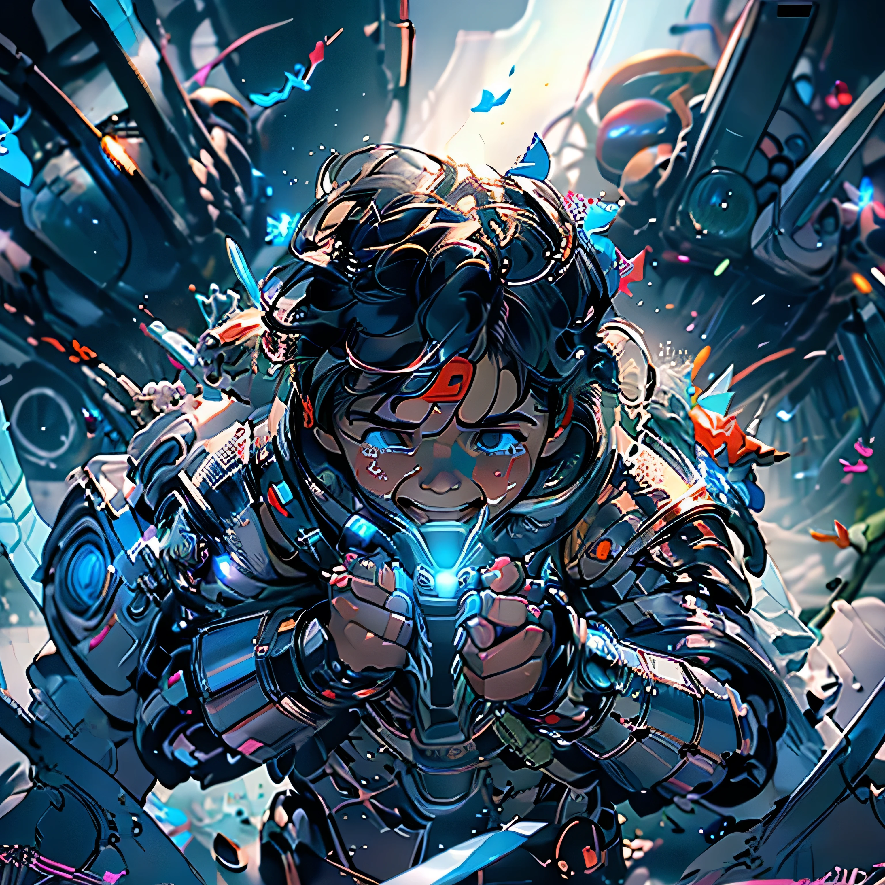 Create an image of a boy crying while looking at a very colorful butterfly. His robotic armor should have neon blue and red lines hard quality.