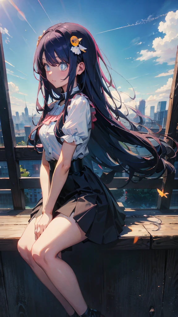 1 anime girl, alone,black hair,black eyes,Black petals flutter, A mysteriously shining butterfly.blue sky,city,Vivid blue hair,bright blue jewel eyes,thin legs,cloudy sky,very clear,highest quality,Are standing,Straight Hair,morning,Mid-length skirt,City of Sunsets,Looking up at the sky,profile,Look to the side,smile,Sit down