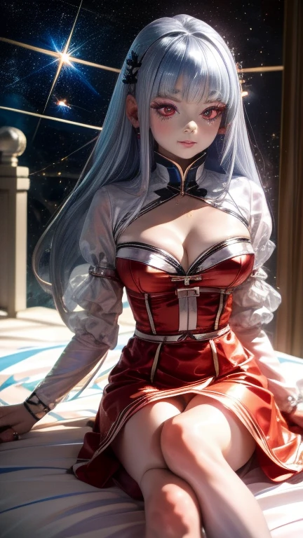 (masterpiece, highest quality, Super detailed, High resolution, figure:0.8), Highly detailed wallpaper, Official Art, wonderful, High detail, Super detailed, Highly detailed 8k wallpaper,Closed whole body, (((Burstingly Big Breasts)))、Bright silver hair, Red eyes with elongated pupils, (outer space with shining stars: 1.3), (One girl, alone),(Gorgeous bright red dress),sexy,Perfect Anatomy,Beautiful Face, Provocative,
