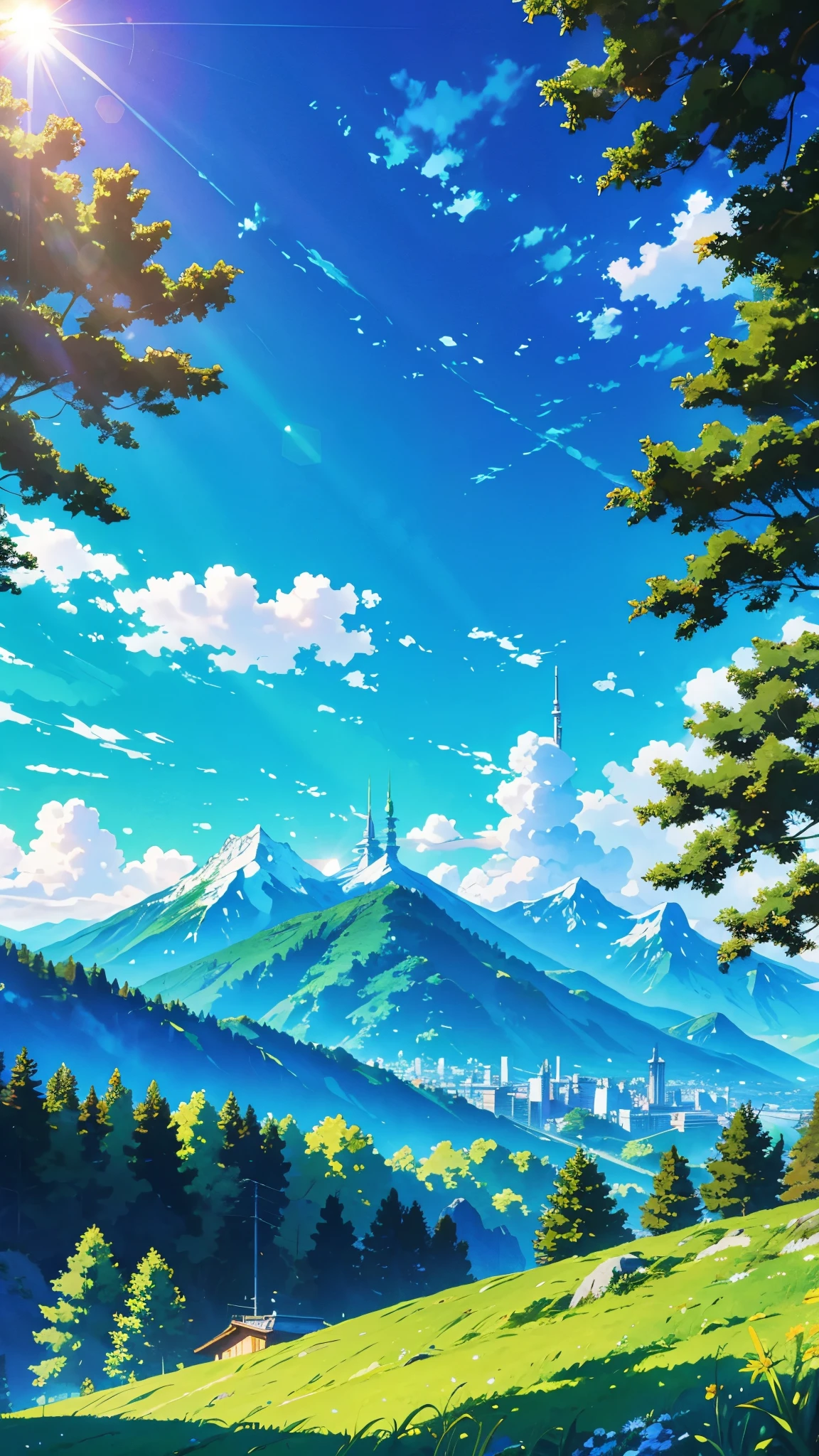 anime inspired greenery alps with bright blue sky and bright sun 