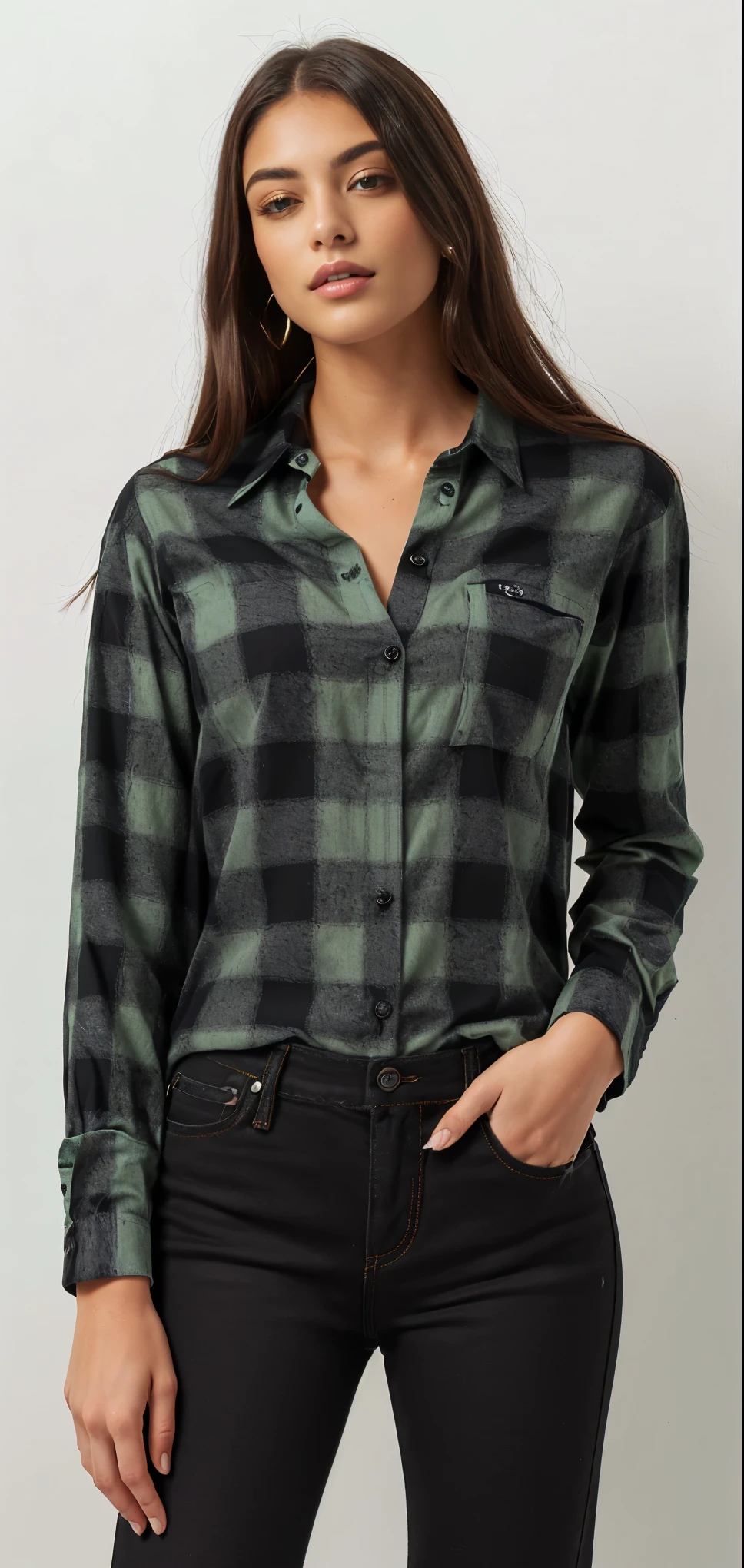 a woman wearing a verde e preto plaid camisa, plaid camisa, flanela, wearing plaid camisa, button up camisa, wearing a plaid camisa, button - up camisa, wearing a flanela camisa, collared camisa, splendid, green camisa, lumberjack flanela, gradiente verde preto, verde e preto, 4 0 9 6, camisa, Preto e verde, black camisa