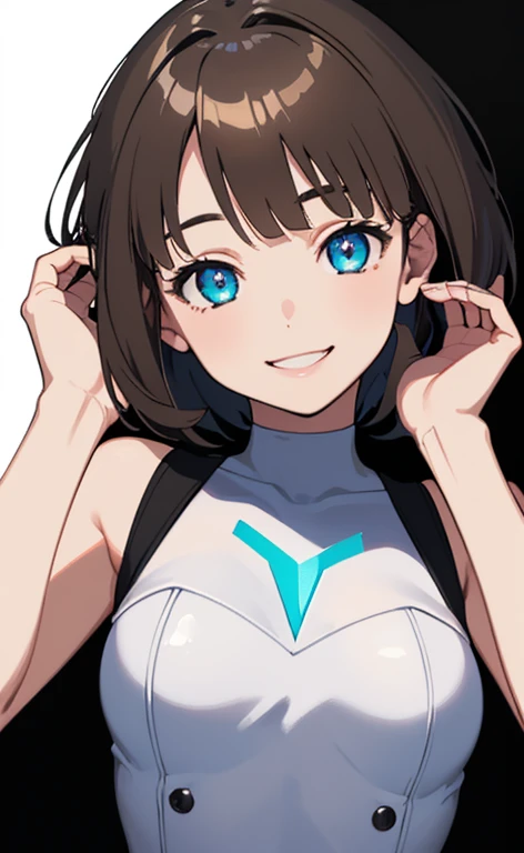 (Photorealistic:1.4)、(,20-year-old:1.5),(masterpiece、Blue lens flare:1.5、spot light:1.2、Exquisite beautiful eye:1.5,portlate),(kind eyes、tareme:1.9),(Black light:1.5)、Cute Face、 3D Face、(light brown hair:1.5)、(short hair:1.5),(sidelock :1.5),(blunt bangs:1.3),(1 woman)、(aqua eyes:1.2)、(upper body:1.5)、(happy smile:1.5)、(head rest),(head tilt) ,(Cute face:1.2),(flat chest),(),kind face,(white Bodysuit with open chest1.5),(black background:1.5)、()、()、 Neat and clean、Adorable、Demure,Slim Body(),Shiny Hair、()、Nijisketch,Manga,blacklight