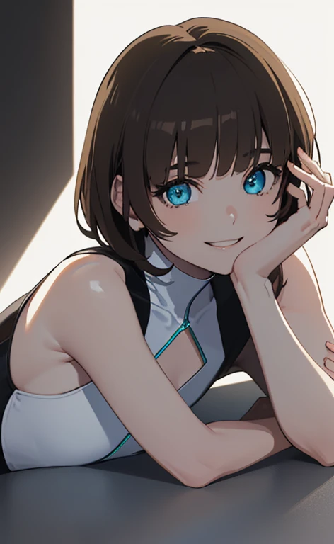 (Photorealistic:1.4)、(,20-year-old:1.5),(masterpiece、Blue lens flare:1.5、spot light:1.2、Exquisite beautiful eye:1.5,portlate),(kind eyes、tareme:1.9),(Black light:1.5)、Cute Face、 3D Face、(light brown hair:1.5)、(short hair:1.5),(sidelock :1.5),(blunt bangs:1.3),(1 woman)、(aqua eyes:1.2)、(upper body:1.5)、(happy smile:1.5)、(head rest),(head tilt) ,(Cute face:1.2),(flat chest),(),kind face,(white Bodysuit with open chest1.5),(black background:1.5)、()、()、 Neat and clean、Adorable、Demure,Slim Body(),Shiny Hair、()、Nijisketch,Manga,blacklight