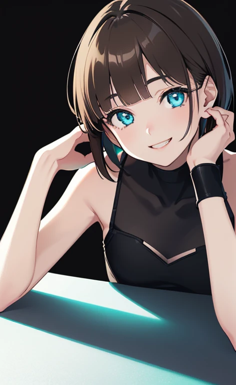 (Photorealistic:1.4)、(,20-year-old:1.5),(masterpiece、Blue lens flare:1.5、spot light:1.2、Exquisite beautiful eye:1.5,portlate),(kind eyes、tareme:1.9),(Black light:1.5)、Cute Face、 3D Face、(light brown hair:1.5)、(short hair:1.5),(sidelock :1.5),(blunt bangs:1.3),(1 woman)、(aqua eyes:1.2)、(upper body:1.5)、(happy smile:1.5)、(head rest),(head tilt) ,(Cute face:1.2),(flat chest),(),kind face,(white Bodysuit with open chest1.5),(black background:1.5)、()、()、 Neat and clean、Adorable、Demure,Slim Body(),Shiny Hair、()、Nijisketch,Manga,blacklight
