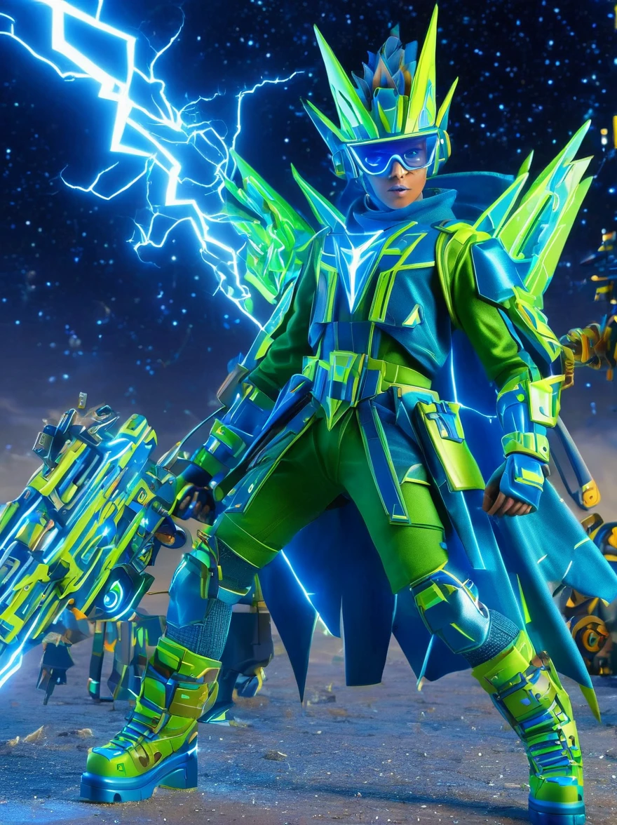 1boy, solo, Lightning energy，Electricity elements，Wearing a pointed headdress，Wearing large rectangular glasses，Blue Highlight Lightning，Wearing bright blue and green square clothing，High heel boots，Holding an electric weapon，Space starry sky background，Galactic battleship，Fighting Stance，Explosion，Best quality，Original，whole body，Cartoon Style，3D character rendering，Created with C4D and Blender，precise，Blind box toy style，Super Detail，Anatomically correct，masterpiece, 1djxz1