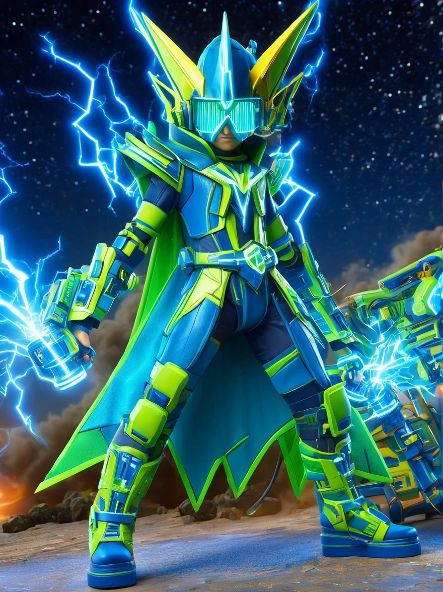1boy, solo, Lightning energy，Electricity elements，Wearing a pointed headdress，Wearing large rectangular glasses，Blue Highlight Lightning，Wearing bright blue and green square clothing，High heel boots，Holding an electric weapon，Space starry sky background，Galactic battleship，Fighting Stance，Explosion，Best quality，Original，whole body，Cartoon Style，3D character rendering，Created with C4D and Blender，precise，Blind box toy style，Super Detail，Anatomically correct，masterpiece, 1djxz1