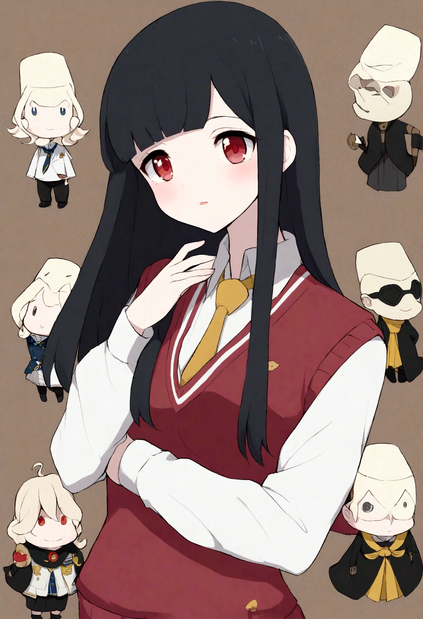 momo ph, maternidad, phmomo, solo, 1 chica, cabello rosado, ojos morados, cabello corto, flor del pelo, sweater vest, uniforme escolar, ojos grandes, falda a cuadros, muslos negros,haciendo el signo de la paz, avergonzado