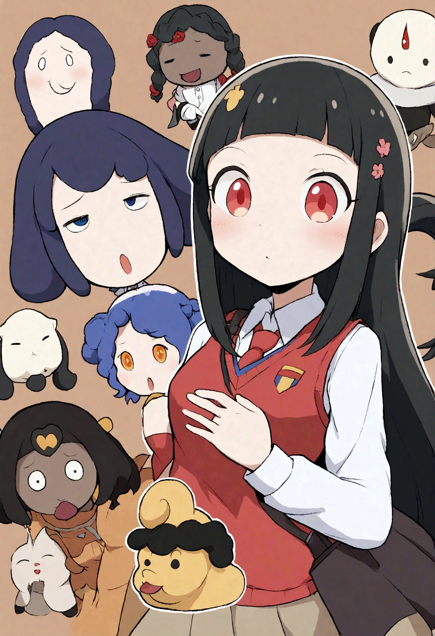 momo ph, maternidad, phmomo, solo, 1 chica,  cabello rosado, ojos morados, cabello corto, flor del pelo, sweater vest, uniforme escolar, ojos grandes, falda a cuadros, muslos negros,haciendo el signo de la paz, avergonzado