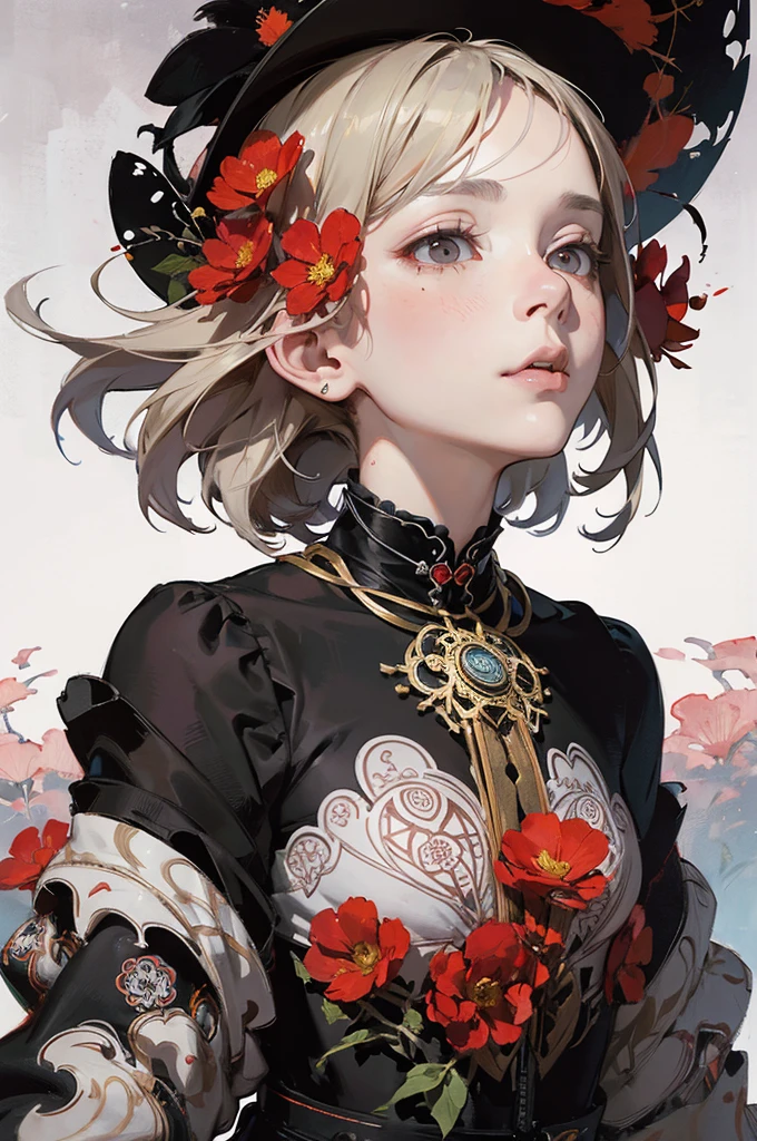 offcial art, Unity 8k wallpaper, Ultra detailed, Beautiful and aesthetic, Masterpiece, Best quality, (zentangle, mandalas, tangled, entangle), (Fractal art:1.3) , 1girll, Red flowers, Extremely detailed, Dynamic Angle, cow boy shot, The most beautiful form of chaos, elegant, Fauvistdesign, vivd colour, romanticism lain, author:James Jean, roby dwi antono, ross tran, Francis Bacon, Michal Mraz, adrian ghenie, petra cortright, Gerhard Richter, Takato Yamamoto, Ashley Wood, Atmospheric,02