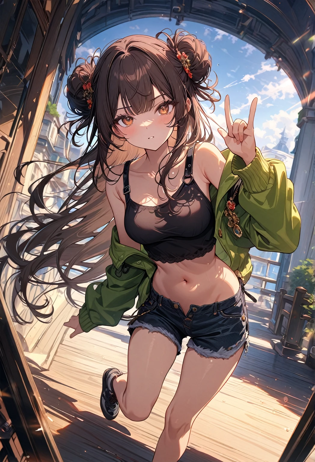 (masterpiece, best quality, very aesthetic, newest, absurdres, detailed, high quality), highest quality, highres, ultra fine painting, digital art, official art, cinematic, 4k, 8k resolution, 8K CG wallpaper, CG, (top quality, details:1.2), detailed background, High Dynamic Range, blurry background, golden hour, blue hour, Starburst effects, crepuscular rays, good ISO, high resolution, wide shot, from far away, epic lighting, RAW photo, POV, sharp focus, lens flare, light reflection, reflections, light source, intricate details, hard light, particle noise, professional photography, bokeh, depth of field, good lighting, hard colors, looking away, detailed lights and shadows, stylish, ultra-detailed, Pixiv, trending art, niji style, modern-days, master crafted, pose, solo, 1girl, a girl, correct fingers, detailed eyes, (medium big breasts:1.2), big thighs, short torso, flushtered, casual, (cute, slim), childish face, nice hips, nice body, brown hair, (long flowing hair:1.1), big twin buns hairstyle, long bangs, long hair, middle hair bangs, brown eyes, dynamic pose, full body, (black tank top (visibly undone shoulder strap):1.25, off shoulder open green hoodie, tummy skin:1.1, open unbuttoned shorts, outfit ornaments)