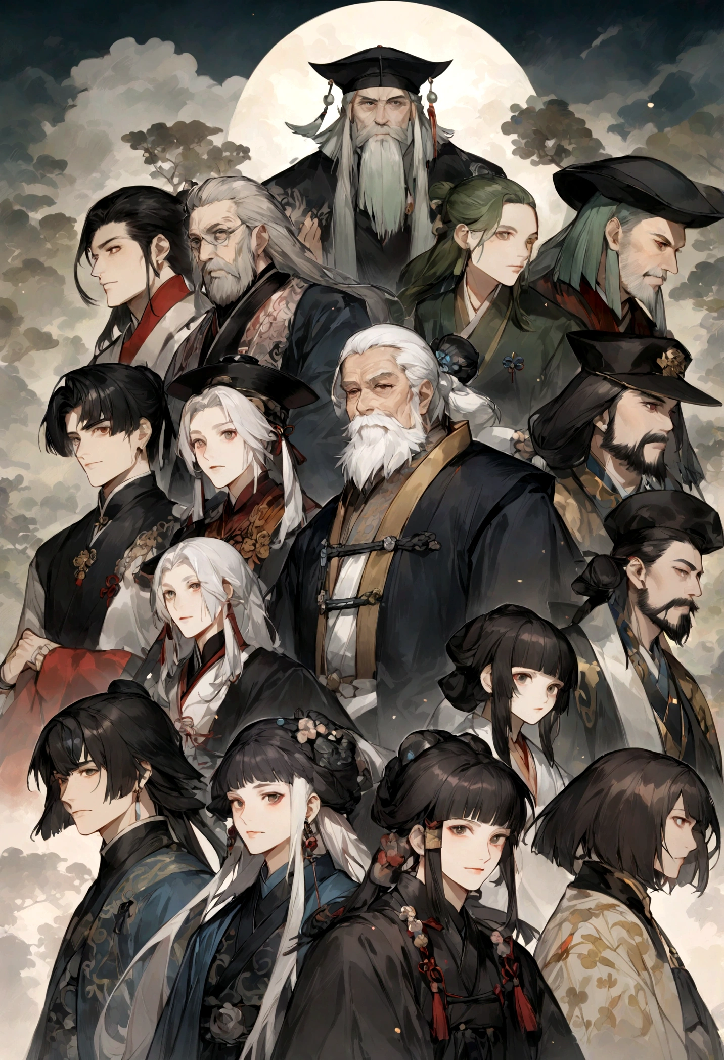 One with a beard、Image of old man wearing black hat, feng shu, zhang daqian, Yuan-You, yang qi, guangjian huang, hua cheng, xiang duan, tian zi, inspired by Wu Daozi, Emperor Xuande, Song, Inspired by Cao Zhibai, xiaoguang sun