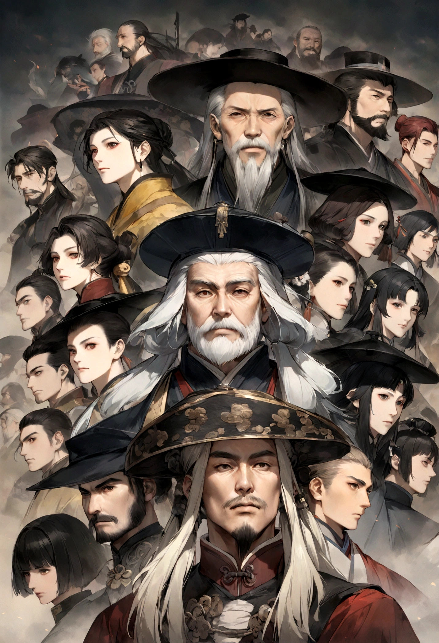 One with a beard、Image of old man wearing black hat, feng shu, zhang daqian, Yuan-You, yang qi, guangjian huang, hua cheng, xiang duan, tian zi, inspired by Wu Daozi, Emperor Xuande, Song, Inspired by Cao Zhibai, xiaoguang sun