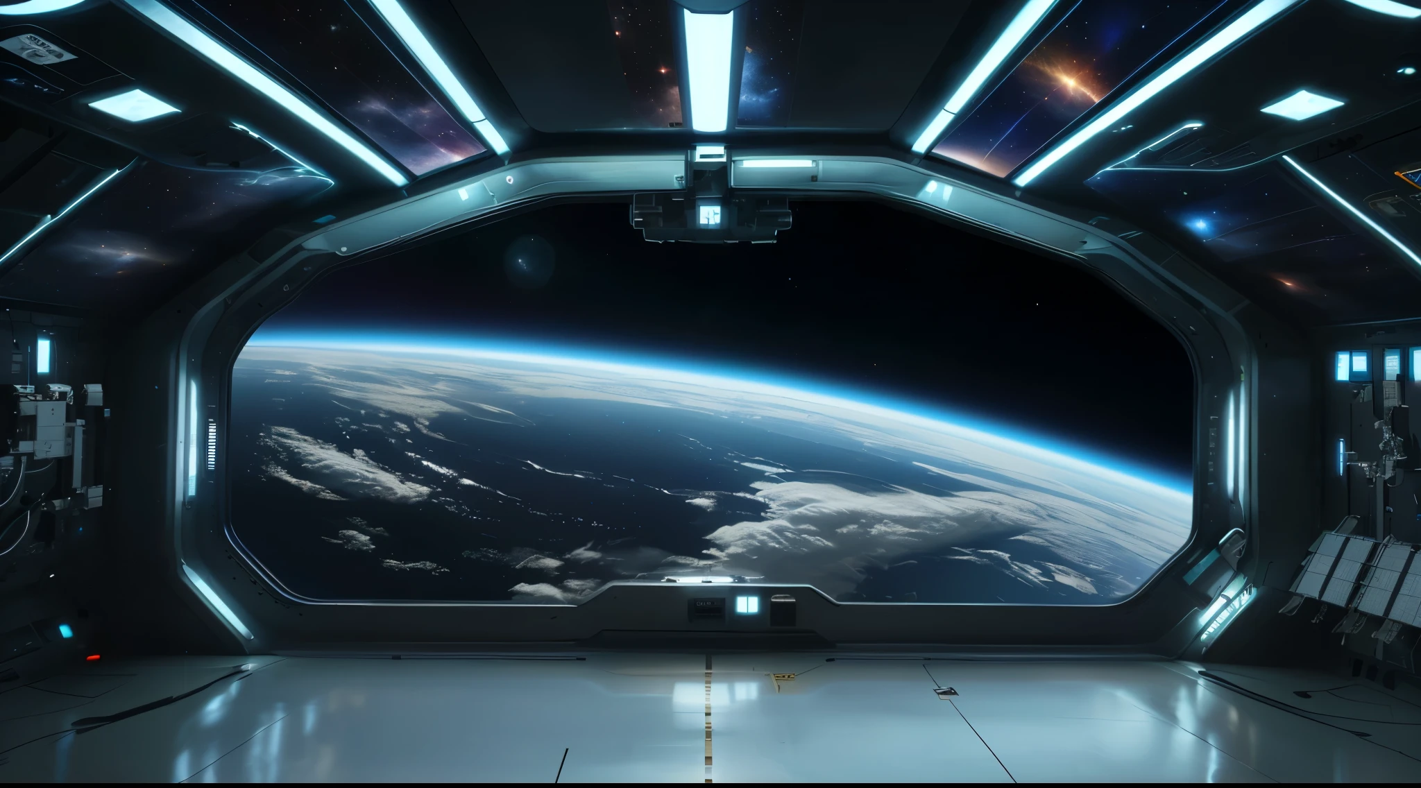 Aerial view of a space station with a view of Earth., Entorno del espacio ultraterrestre, Cinematic space setting, Space station in the background, Inside a space station, hermoso espacio, mirando al espacio, escena en el espacio, espacio realista, Espacio en el fondo, en una estacion espacial, Vista desde el espacio, on a spacestation, science fiction atmosphere