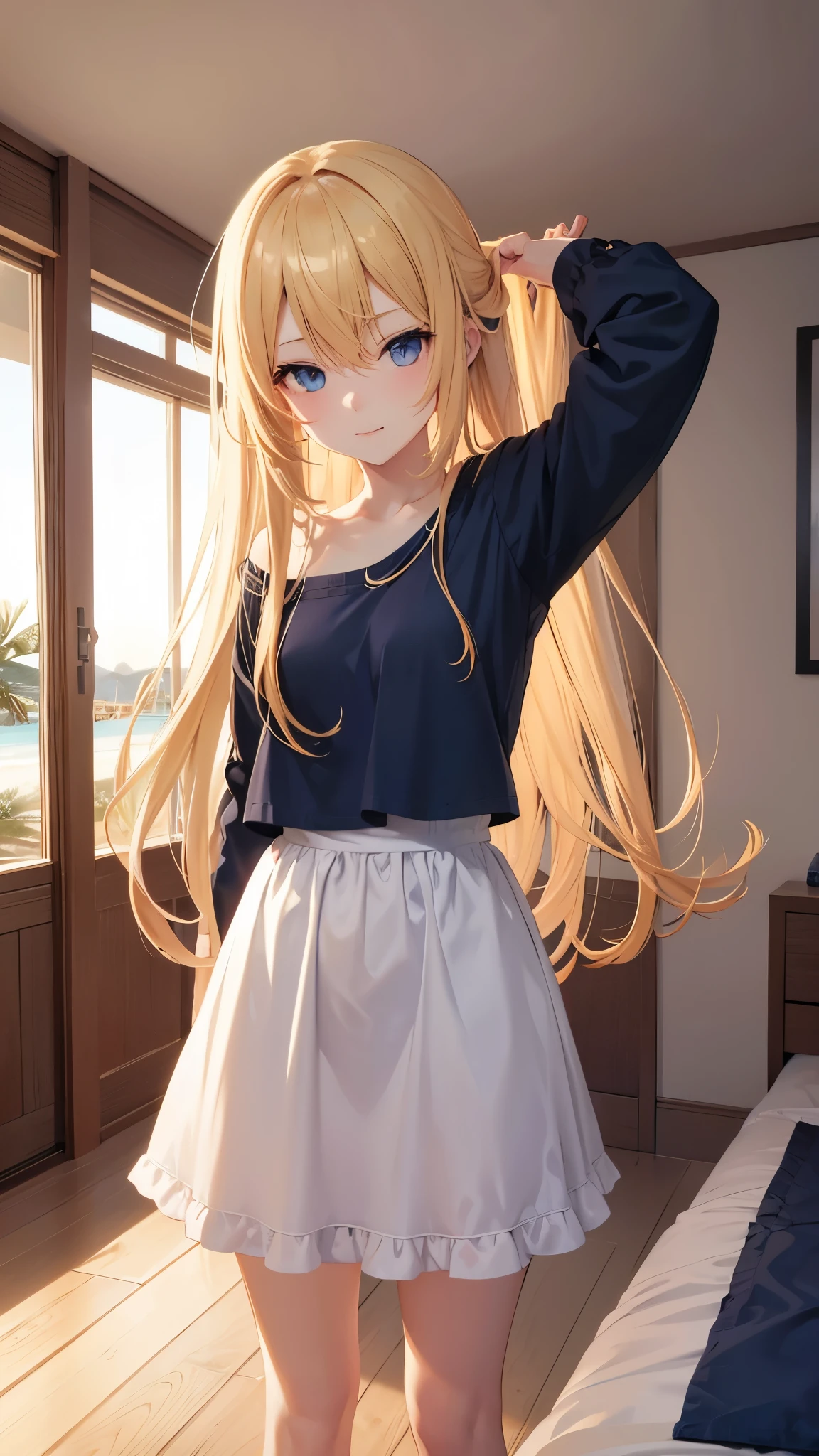 Anime girl with long blonde hair, dark blue eyes, happy to see viewer, standing near bed, show point of view in bed, beach house room setting