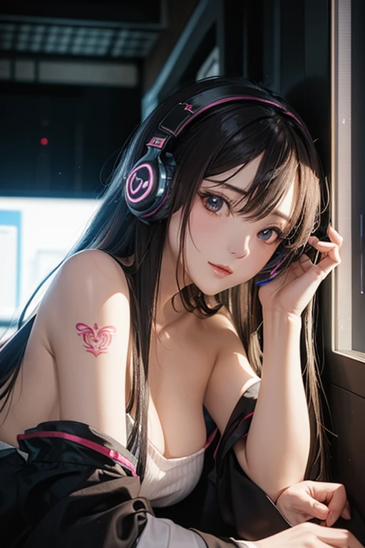 masterpiece, 1 beautiful girl, Detailed eye, Swollen eyes, top-quality, 超A high resolution, (reality: 1.4), Movie Lighting, japanes, a asian beauty, very extremely beautiful, Beautiful skins, A slender, Forward-facing body, (A hyper-realistic), (hight resolution), (8K), (ighly detailed), ( Best Illustration), (beautifully detailed eyes), (ultra-detailliert), Detailed face, Bright lighting, Professional Lighting、The background is a cyberpunk room with many monitors.......、The cord is connected from the costume、Long Hair Color Pink、headset on head、small tattoo on face、Female DJ、gazing at viewer