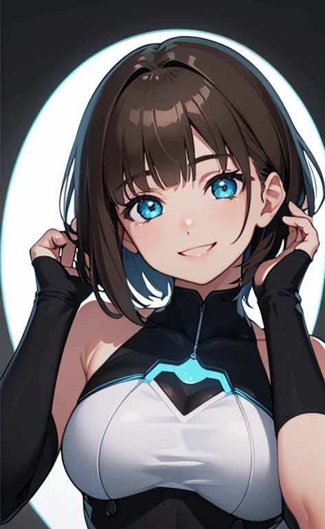 (Photorealistic:1.4)、(,20-year-old:1.5),(masterpiece、Blue lens flare:1.5、spot light:1.2、Exquisite beautiful eye:1.5,portlate),(kind eyes、tareme:1.9),(Black light:1.5)、Cute Face、 3D Face、(light brown hair:1.5)、(short hair:1.5),(sidelock :1.5),(blunt bangs:1.3),(1 woman)、(aqua eyes:1.2)、(upper body:1.5)、(happy smile:1.5)、(head rest),(head tilt) ,(Cute face:1.2),(medium breasts),(),kind face,(white Bodysuit with open chest1.5),(black background:1.5)、()、()、 Neat and clean、Adorable、Demure,Slim Body(),Shiny Hair、()、Nijisketch,Manga,blacklight