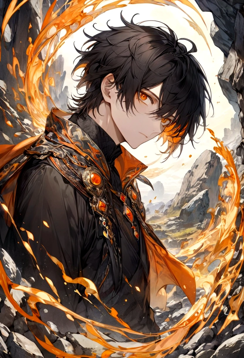 Male, Orange Eyes, Black hair, Rock as an element