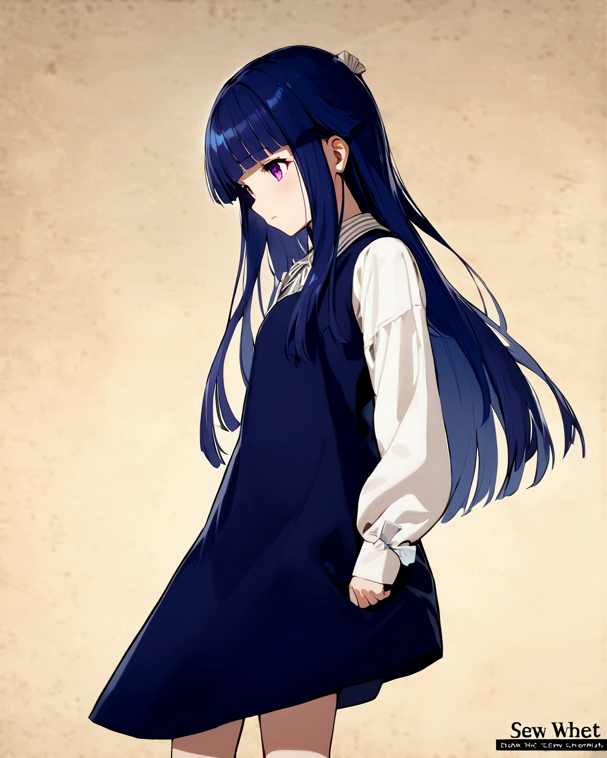 One girl, alone, furude rika, cute, Blue Hair, Purple eyes, Long Hair, blunt bangs, bangs,