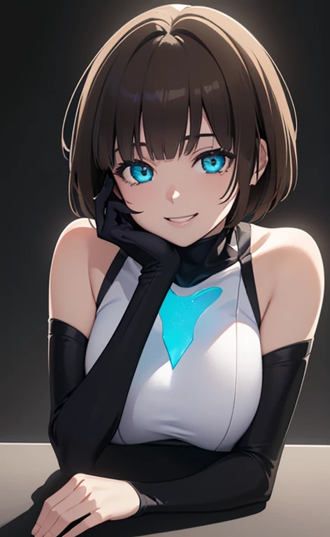 (Photorealistic:1.4)、(,20-year-old:1.5),(masterpiece、Blue Lens Filter:1.5、Blue lens flare:1.5、spot light:1.2、Exquisite beautiful eye:1.5,portlate),(kind eyes、tareme:1.9),(deep shadows:1.5)、Cute Face、 3D Face、(light brown hair:1.5)、(pixie cut),(sidelock :1.5),(blunt bangs:1.3),(1 woman)、(Blue eyes:1.2)、(upper body:1.5)、(light smile:1.5)、(head tilt) ,(Cute face:1.2),(flat chest),(),kind face,(white Bodysuit with cut out),(black background:1.5)、()、()、 Neat and clean、Adorable、Demure,Slim Body(),Shiny Hair、()、Nijisketch,Manga,