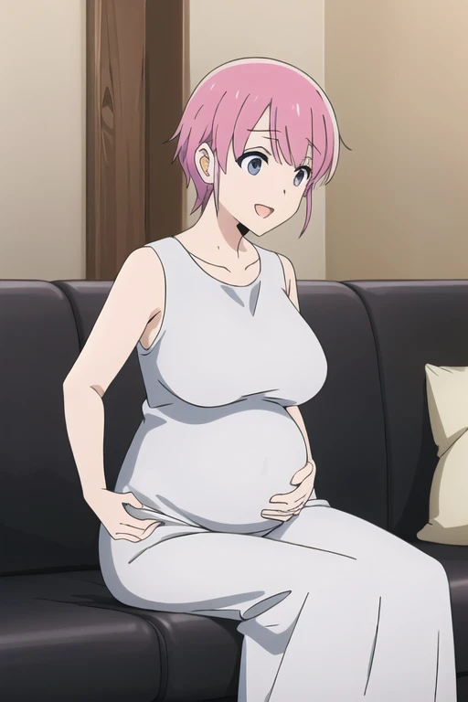 (Highly detailed CG Unity 8k wallpaper),(masterpiece),(highest quality),(Super detailed),(Best illustrations),(Best Shadow),(Absurd), Michiyo, One girl, alone, Pink Hair, Sitting, sofa, smile, shirt, Open your mouth,(Sleeveless maxi dress), short hair, indoor, Place your hand on your stomach、(Huge breasts:2)、Milk tent、Pregnant women、From the side:0.7