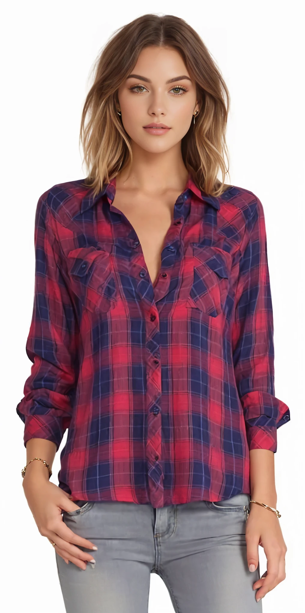 a woman wearing a red and blue camisa xadrez, wearing camisa xadrez, camisa xadrez, wearing a camisa xadrez, wearing a flanela shirt, flanela, vestindo uma camisa vermelha de lenhador, usando um vestido xadrez vermelho, button-up shirt, vestindo camisa, blusas largas, camisa de colarinho, roupas vermelhas e azuis, lumberjack flanela, splendid