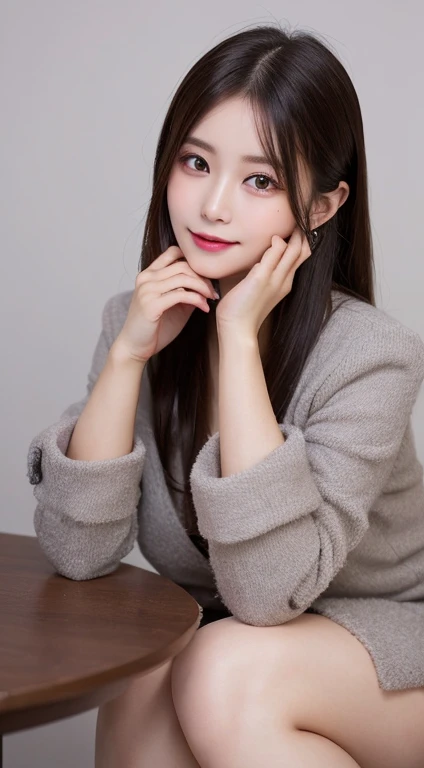 masutepiece, Best Quality, Illustration, Ultra-detailed, finely detail, hight resolution, 8K Wallpaper, Perfect dynamic composition, Beautiful detailed eyes, navy long sleeve knit dress,Straight hair,Small breasts natural color lip, Randomly sexy poses,Smile,Home、20 years girl、Cute、Sexy shot looking at camera,Perfect and beautiful face