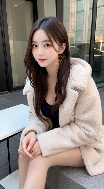table top, highest quality, shape, Super detailed, finely, High resolution, 8k wallpaper, Perfect dynamic composition, beautiful and detailed eyes, straight hair, small breasts, natural color lip, random sexy pose,smile,20 year old girl、midnight、beautiful and detailed face、perfect and beautiful face,Big eyes、RAW photo、Expressing feminine poses with your whole body、beautiful and detailed eyes、small face、beautiful duplex、slim face and style,luxury brand mink coat(inside:winter dress)、beautiful golden ratio face,twin ponytail hair,bright look,Photographed focusing on beautiful legs