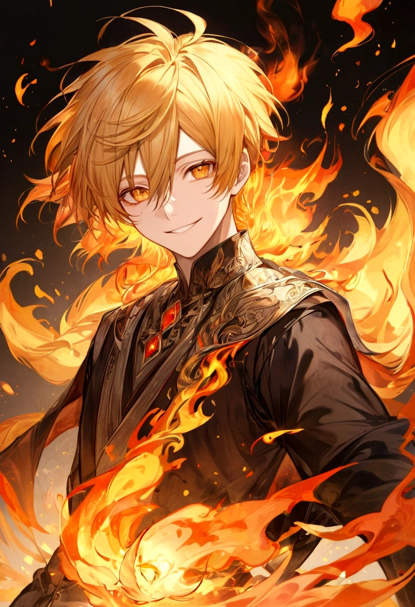 Male, Smiling, Yellow Hair, Orange Eyes, Fire as an element