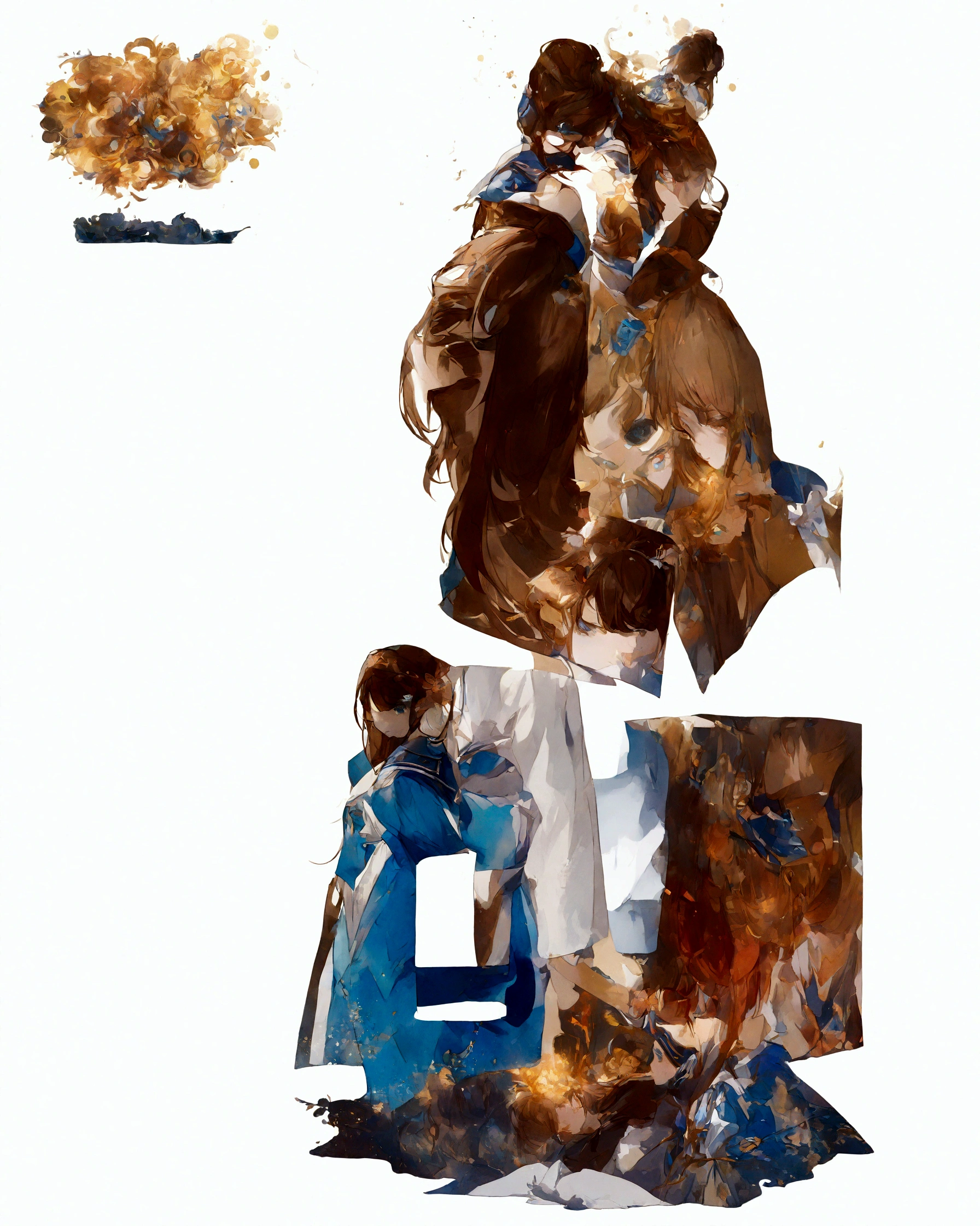 (hair swept bangs:1.3), (brown hair:1.3), a close up of a woman in a blue dress and white socks, loose coat collar sailor uniform, fantasy style clothing, sakimichan, japanese clothes, style anime, magical school student uniform, witchcore clothes, magic , lolita style, anime girl cosplay, jk uniform, victorian blue dress, decorative dark blue clothing, gloomy style, anime set style, (beautiful detailed face),(Beautiful and delicate eyes),