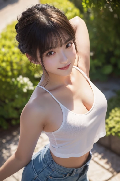 An innocent 20-year-old girl、((White tank top, Dramatic Pose)),smile,shortcut,natural Park、RAW Photos, (8k、highest quality、masterpiece:1.2)、(Intricate details:1.4)、(Photorealistic:1.4)、Octane Rendering、Complex 3D rendering with ultra-detail, Studio Soft Light, Rim Light, Vivid details, Super Detail, Realistic skin texture, Detailed aspect, Beautiful details in the eyes, Highly detailed CG Unity 16k wallpaper, compensate, (Detailed Background:1.2), Glowing Skin, whole body、Cleavage,((Standing with hands behind back、Leaning forward、Top view)