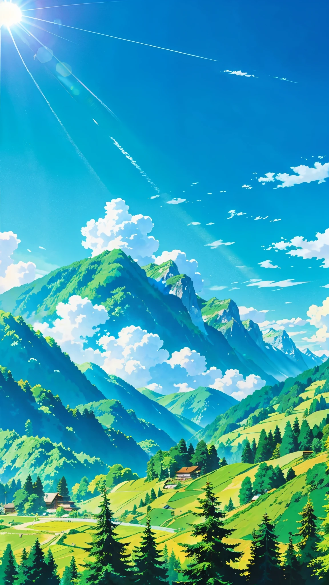 anime inspired greenery alps with bright blue sky and bright sun 