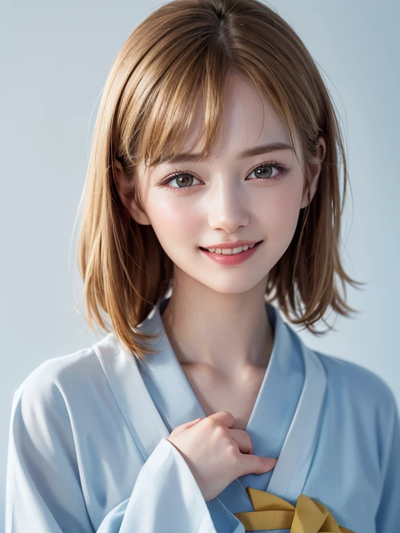 (highest quality、8k、32k、masterpiece)、(RAW Photos)、(Realistic)、(High resolution)、Very detailedな、Very beautiful face and eyes、One Girl、Round and small face、Delicate body、(close、highest quality、Rich skin detail、highest quality、8k)、Very detailed、(Realistic、Realistic:1.37)、Vibrant colors、(((Laughter)))、(((Golden Hair)))、(((I touch my chest with my right hand)))、(((Smiling)))、(((Bust Shot)))、(((White Background)))、((Medium Hair))、(((Pure white wall background)))、(((Blonde)))、(((She is wearing a yukata with a pop design.)))、(((Brown and light blue yukata)))、(((Pure white wall background)))、