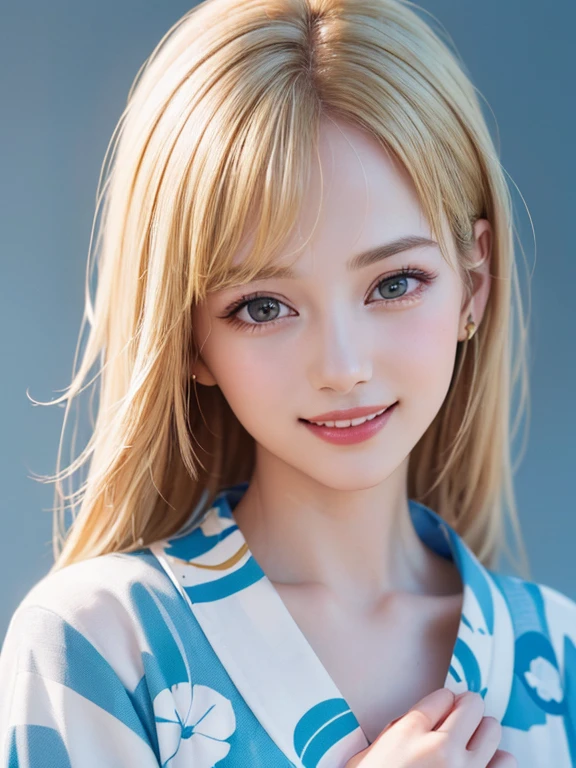 (highest quality、8k、32k、masterpiece)、(RAW Photos)、(Realistic)、(High resolution)、Very detailedな、Very beautiful face and eyes、One Girl、Round and small face、Delicate body、(close、highest quality、Rich skin detail、highest quality、8k)、Very detailed、(Realistic、Realistic:1.37)、Vibrant colors、(((Laughter)))、(((Golden Hair)))、(((I touch my chest with my right hand)))、(((Smiling)))、(((Bust Shot)))、(((White Background)))、((Medium Hair))、(((Pure white wall background)))、(((Blonde)))、(((She is wearing a yukata with a pop design.)))、(((Brown and light blue yukata)))、(((Pure white wall background)))、