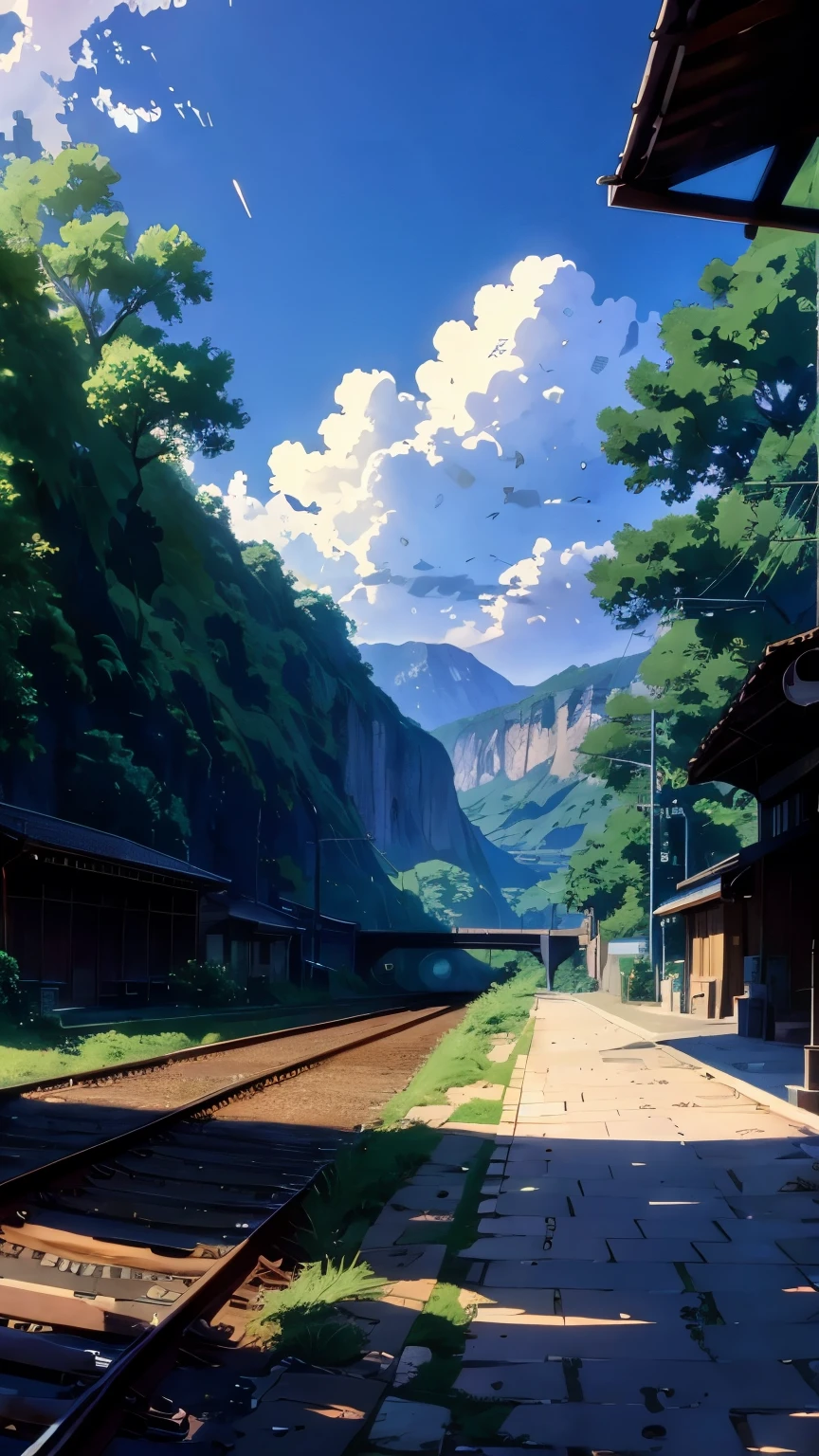 there is a train coming up the tracks at the station, beautiful anime scene, train station background, anime countryside landscape, anime background art, beautiful anime scenery, colorful anime movie background, anime beautiful peace scene, springtime morning, anime movie background, train station in summer, anime background, ( ( makoto shinkai ) ), anime scenery, anime landscape wallpaper