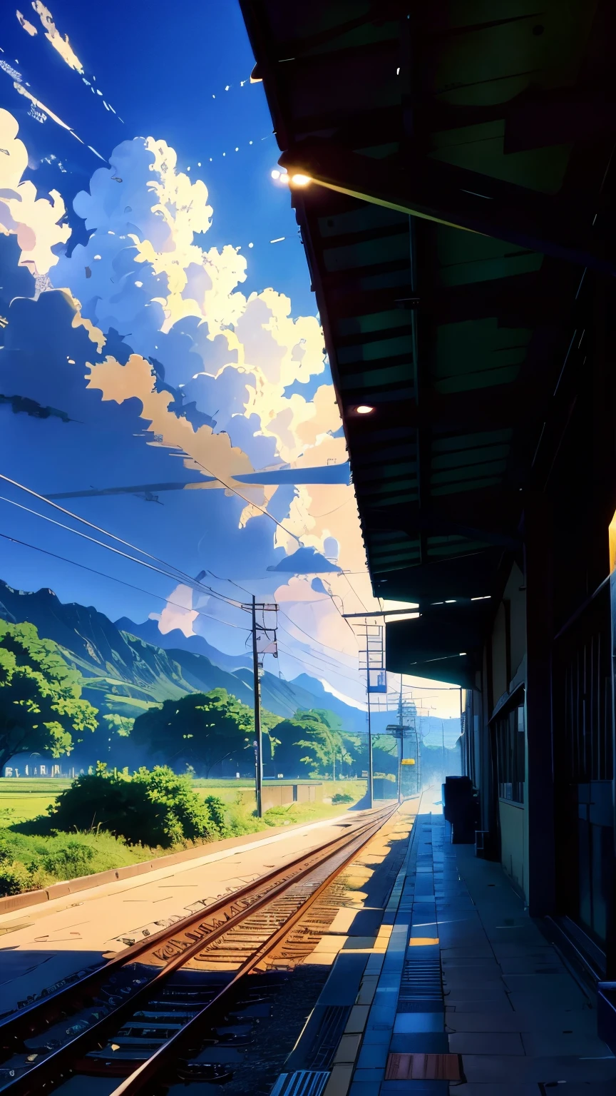 there is a train coming up the tracks at the station, beautiful anime scene, train station background, anime countryside landscape, anime background art, beautiful anime scenery, colorful anime movie background, anime beautiful peace scene, springtime morning, anime movie background, train station in summer, anime background, ( ( makoto shinkai ) ), anime scenery, anime landscape wallpaper