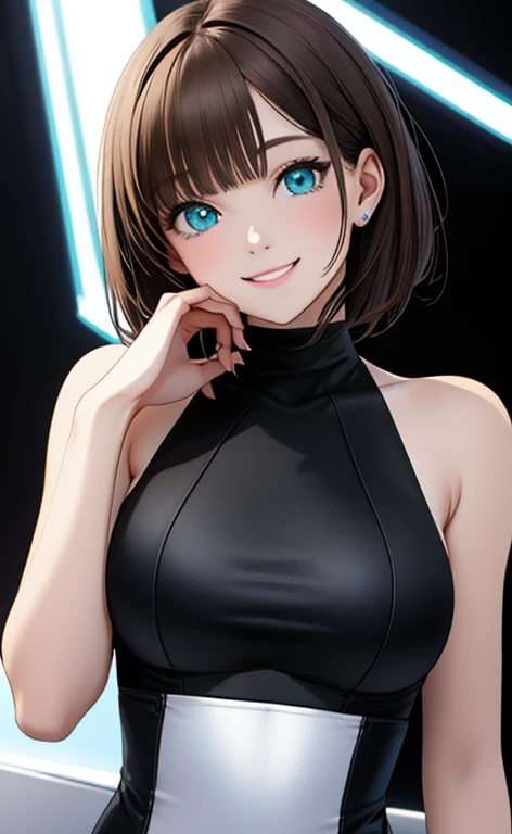 (Photorealistic:1.4)、(,20-year-old:1.5),(masterpiece、Blue lens flare:1.5、spot light:1.2、Exquisite beautiful eye:1.5,portlate),(kind eyes、tareme:1.9),(Black light:1.5)、Cute Face、 3D Face、(light brown hair:1.5)、(short hair:1.5),(sidelock :1.5),(blunt bangs:1.3),(1 woman)、(aqua eyes:1.2)、(upper body:1.5)、(happy smile:1.5)、(head rest),(head tilt) ,(Cute face:1.2),(medium breasts),(),kind face,(white Bodysuit with open chest1.5),(black background:1.5)、()、()、 Neat and clean、Adorable、Demure,Slim Body(),Shiny Hair、()、Nijisketch,Manga,blacklight