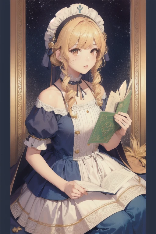 ((mejor calidad)), ((obra maestra)), (detallado), 1 chica dentro de un poster o carta de tarot, bello vestido ligero con escotes, anime type with artistic background, todo en colores pastel y con un marco floreado alrededor