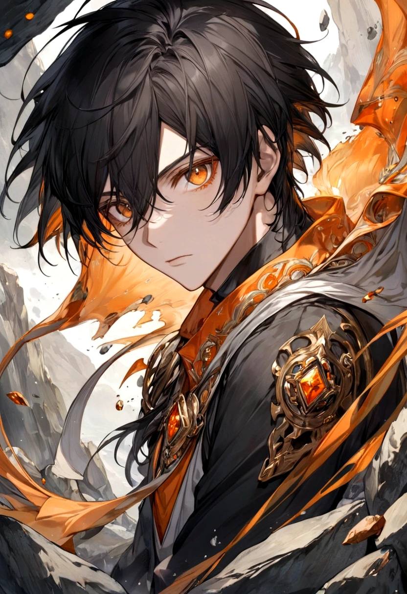 Male, Orange Eyes, Black hair, Rock as an element