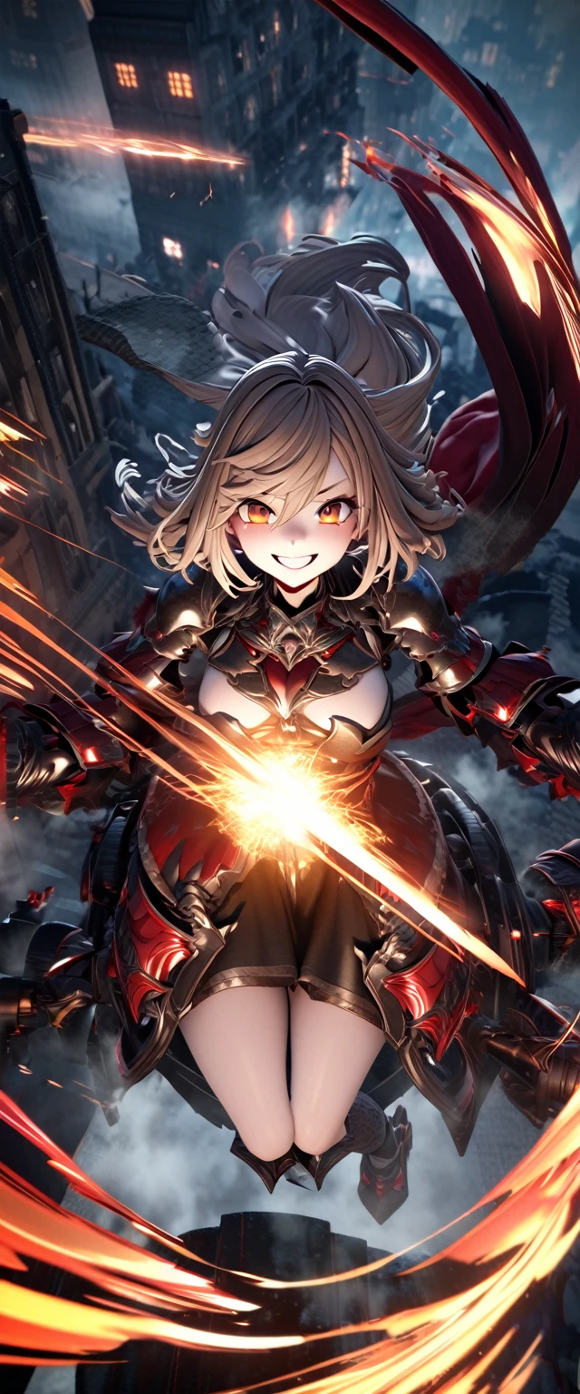 From above, highest quality, Super quality, 16k, Incredibly absurd, Very detailed, 3D, delicate and dynamic, Ruthless, Cool and beautiful female warrior, Shining rainbow clairvoyance, Rainbow colored messy wavy short hair, Captivating look, Excited expression, Teasing Smile, Grin, Naughty smile, Heavy Armor, Heavy beam cannon, Ominous aura swirl effect, Background rooftop ruins city, Big Red Full Moon, Exposed steel, Flying glass, spark, cigarette, fog, Spooky atmosphere colors, Slow-motion effect, Dark fantasy