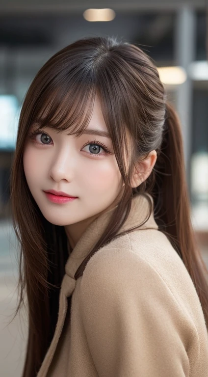 table top, highest quality, shape, Super detailed, finely, High resolution, 8k wallpaper, Perfect dynamic composition, beautiful and detailed eyes, straight hair, small breasts, natural color lip, random sexy pose,smile,20 year old girl、midnight、beautiful and detailed face、perfect and beautiful face,Big eyes、RAW photo、Expressing feminine poses with your whole body、beautiful and detailed eyes、small face、beautiful duplex、slim face and style,luxury brand mink coat(inner:winter dress)、beautiful golden ratio face,twin ponytail hair,bright look,Photographed focusing on beautiful legs