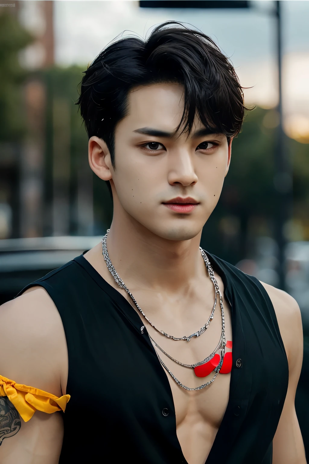 Mingyu,  mesh shirt, Portraiture,Muscular, (Absurd, High resolution, Super detailed),((masterpiece)), ((最high quality:1.1)), High resolution, 8k,One boy, 最high quality, masterpiece, (photoRealistic:1.4), 8K Raw Photos, 4K, high quality, masterpiece, 最high quality, High resolution, Dynamic pose, Realistic, Detailed skin, Mature Men, High Contrast, Overall details , necklace ,nsfw