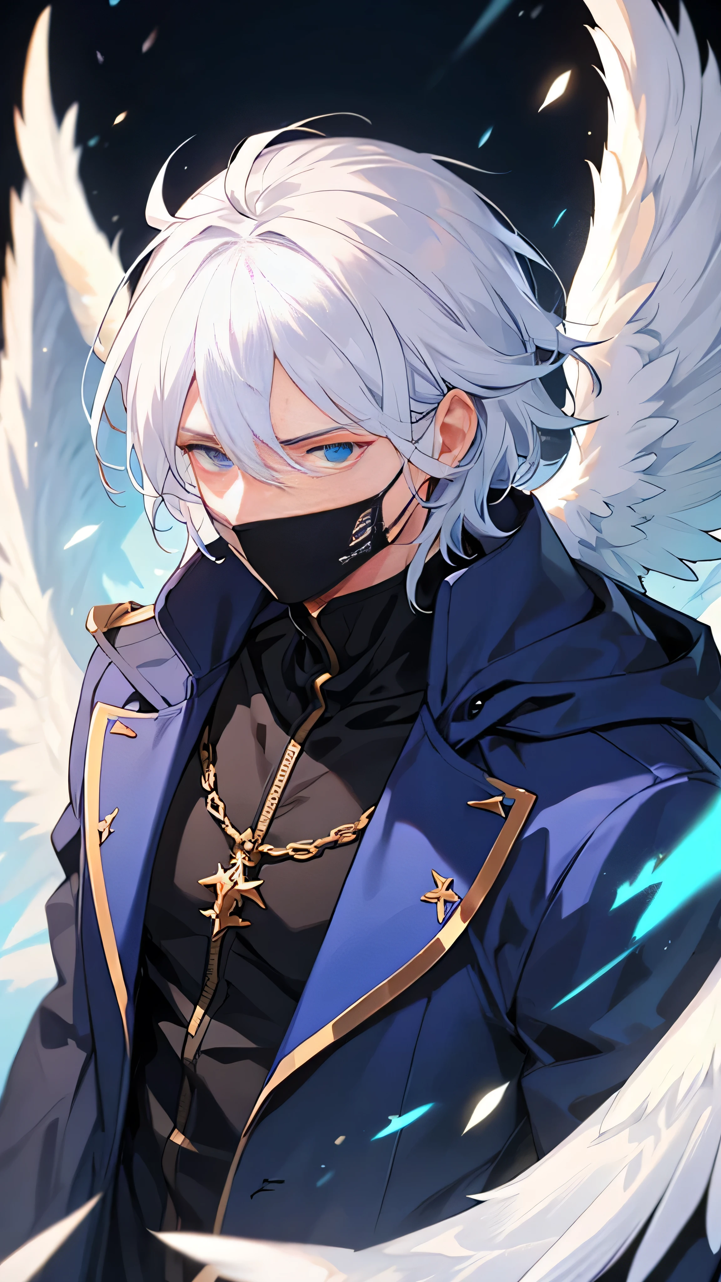 A white-haired demon,male,Cold,Melancholy,Blue eyes,Has black wings,Half face mask,A little more handsome