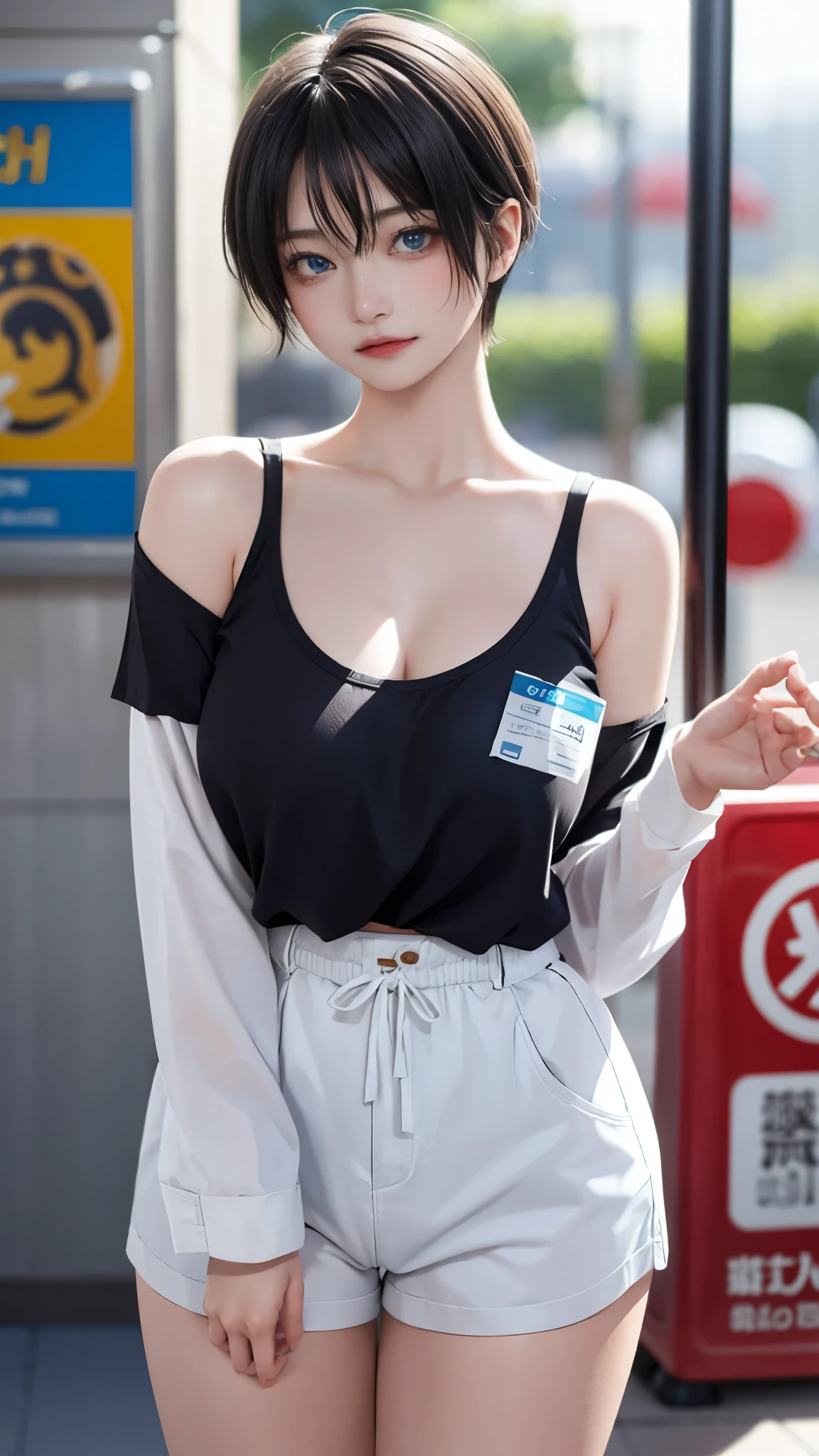 masterpiece、highest quality、be familiar with、1 female、18-year-old、blue eyes、blonde、black skin、(((oil skin))),shiny skin, Pixie Short hair、Oversized big long T-shirt that reaches the thighs、No underwear:1.5、Shoulders are out、Seductive thighs、big breasts、big breasts、A woman went shopping、Angle from above、embarrassed face、from the front、upward glance、background bokeh、In front of the convenience store cashier counter、A girl who came to buy condoms、Place condoms and alcohol on the cashier counter、Big cleavage