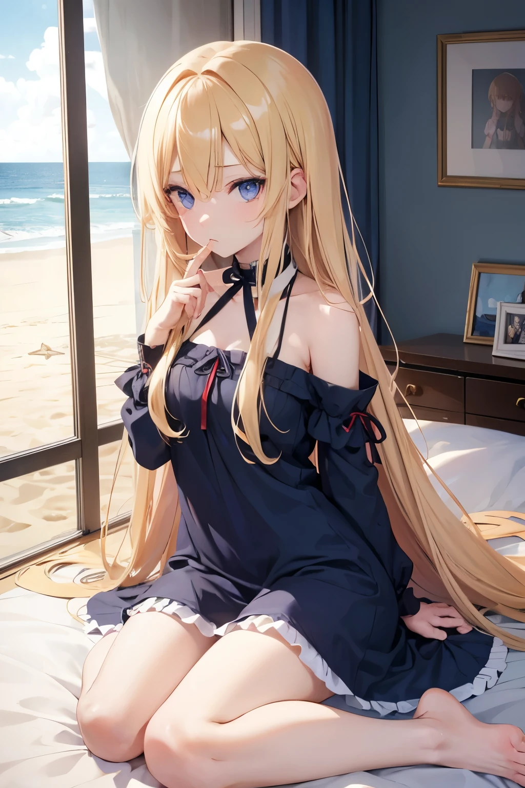 Anime Girl, Long blonde hair, Dark blue eyes, looking at viewer with concern(Viewer is in a bed), Beach house room setting